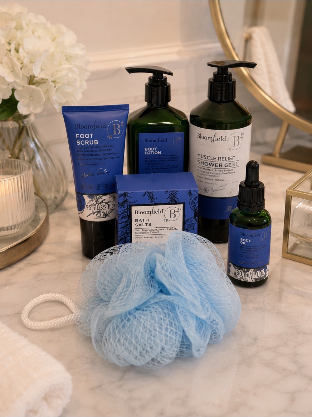 New Bloomfield Muscle Relief Bath & Body Set | Spa Gift Bundle | Self Care Kit